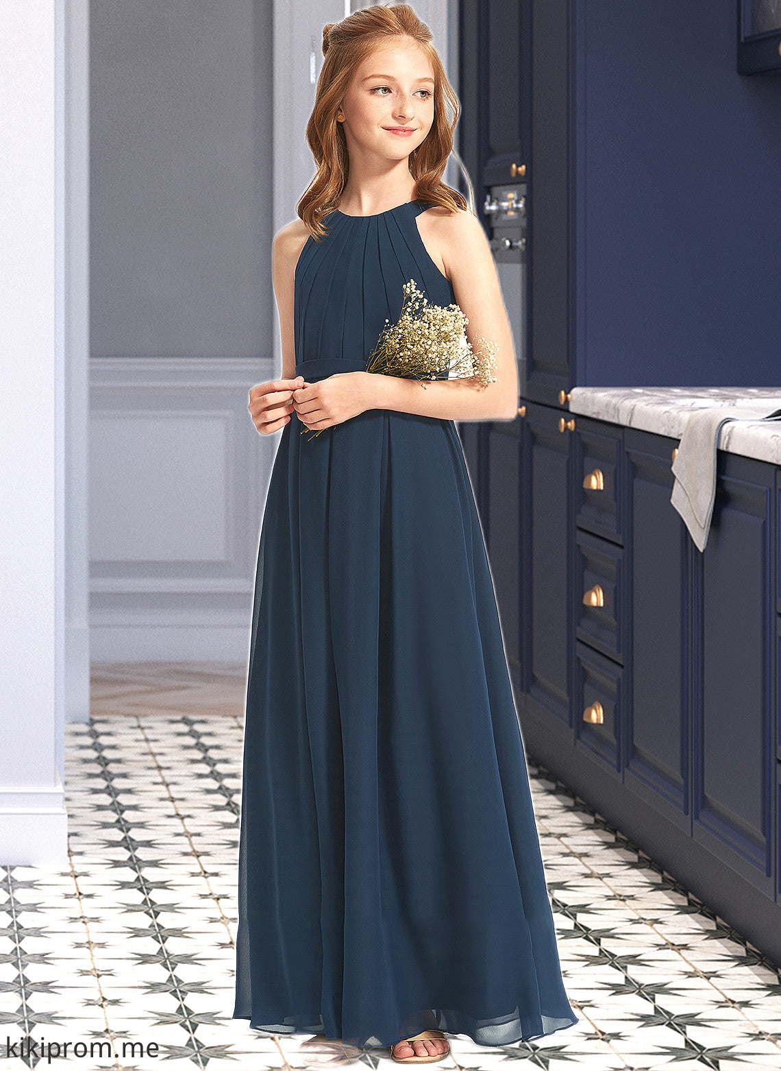 EmeryPiper A-Line Scoop Neck Floor-Length Chiffon Junior Bridesmaid Dress With Ruffle STFP0013397