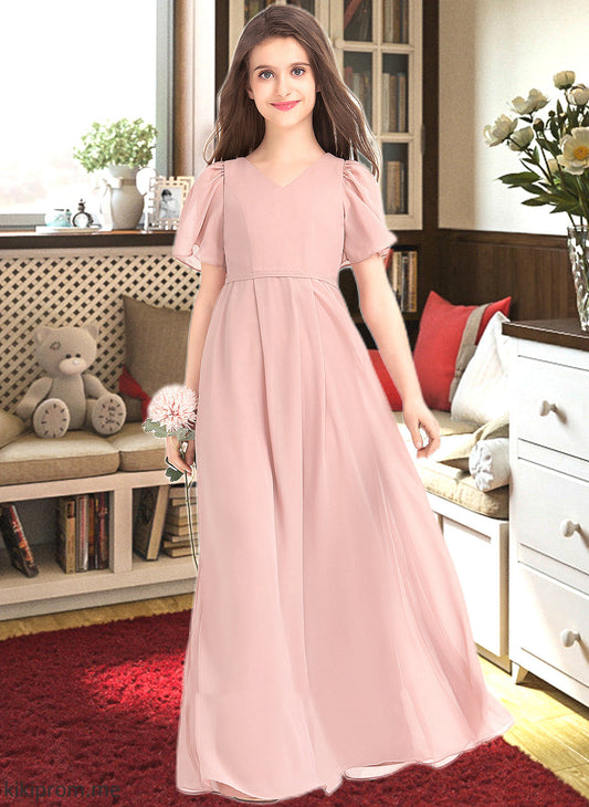 Erika A-Line V-neck Floor-Length Chiffon Junior Bridesmaid Dress With Bow(s) STFP0013399