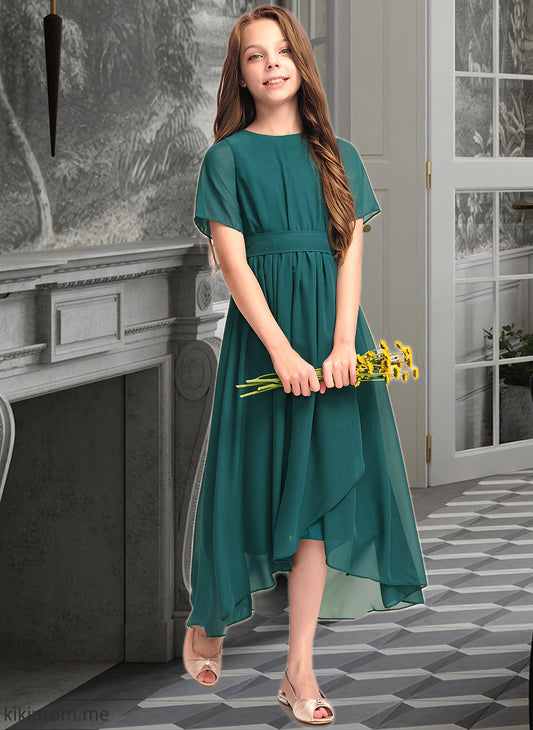 Krystal A-Line Scoop Neck Asymmetrical Chiffon Junior Bridesmaid Dress With Ruffle Bow(s) STFP0013403