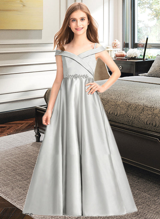 Angela Ball-Gown/Princess Off-the-Shoulder Floor-Length Satin Junior Bridesmaid Dress STFP0013404