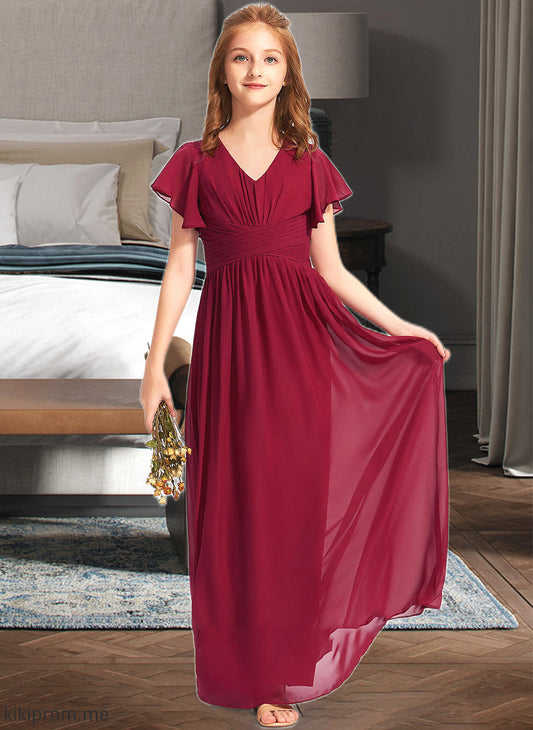 Ashly A-Line V-neck Floor-Length Chiffon Junior Bridesmaid Dress With Ruffle STFP0013405