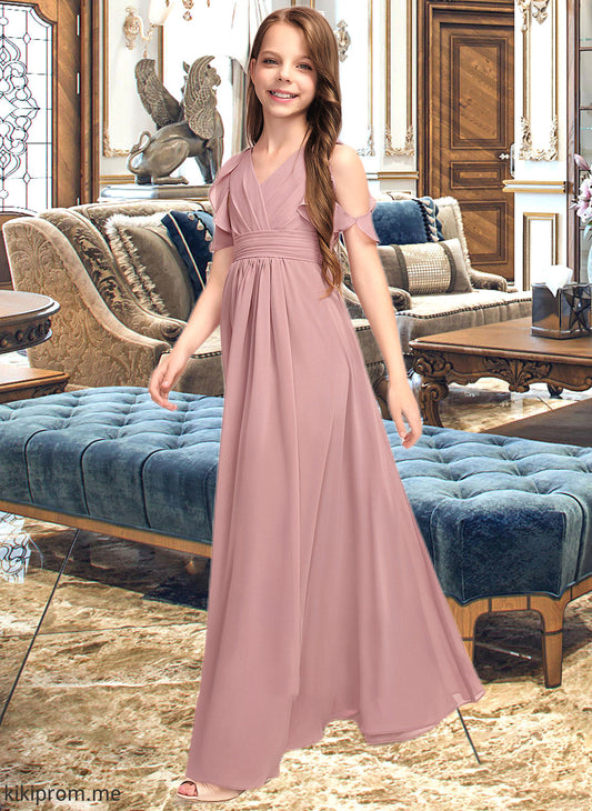 Viv A-Line V-neck Floor-Length Chiffon Junior Bridesmaid Dress With Cascading Ruffles STFP0013413