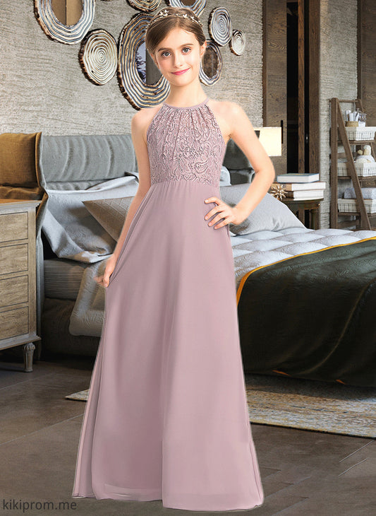 Amaya A-LineScoopNeckFloor-LengthChiffonLaceJuniorBridesmaidDressWithRuffle#173272 STFP0013416