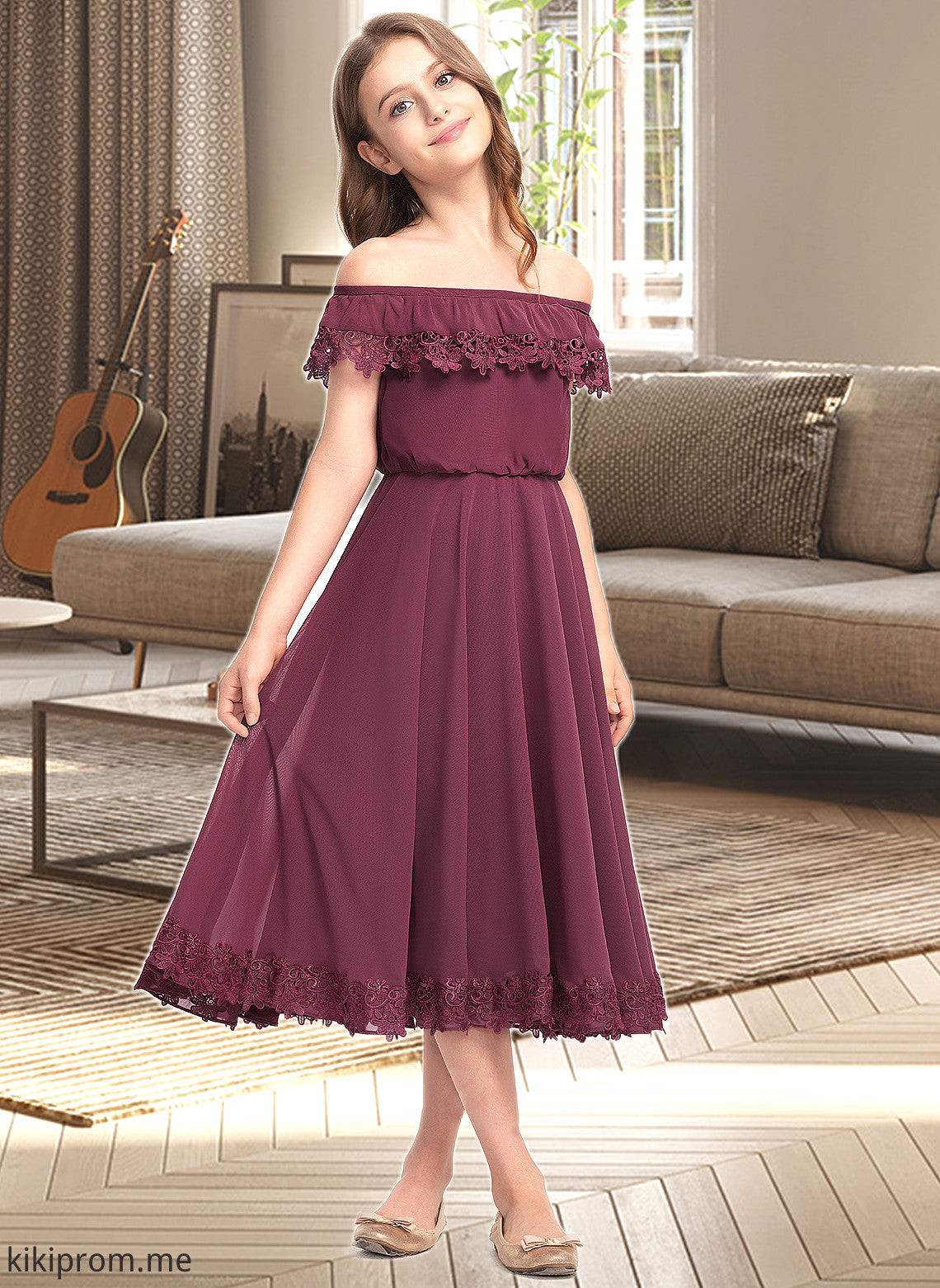 Yoselin A-Line Off-the-Shoulder Tea-Length Chiffon Lace Junior Bridesmaid Dress STFP0013505