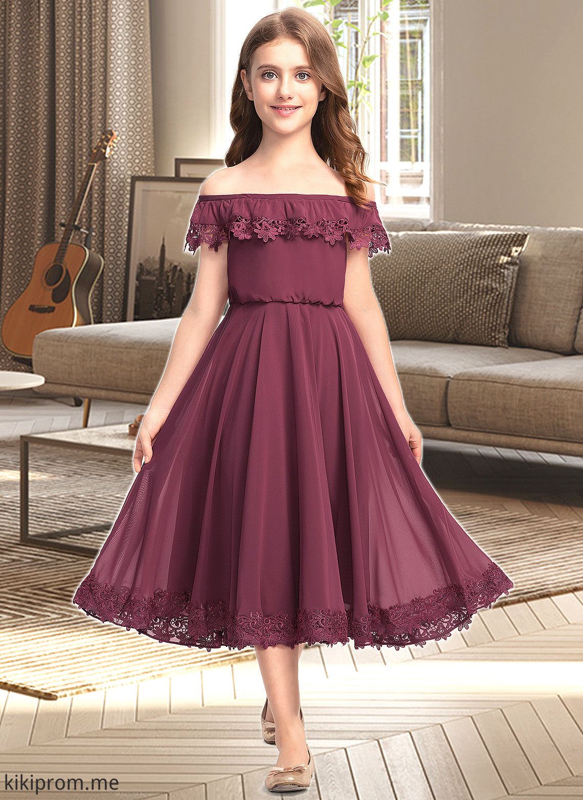 Yoselin A-Line Off-the-Shoulder Tea-Length Chiffon Lace Junior Bridesmaid Dress STFP0013505