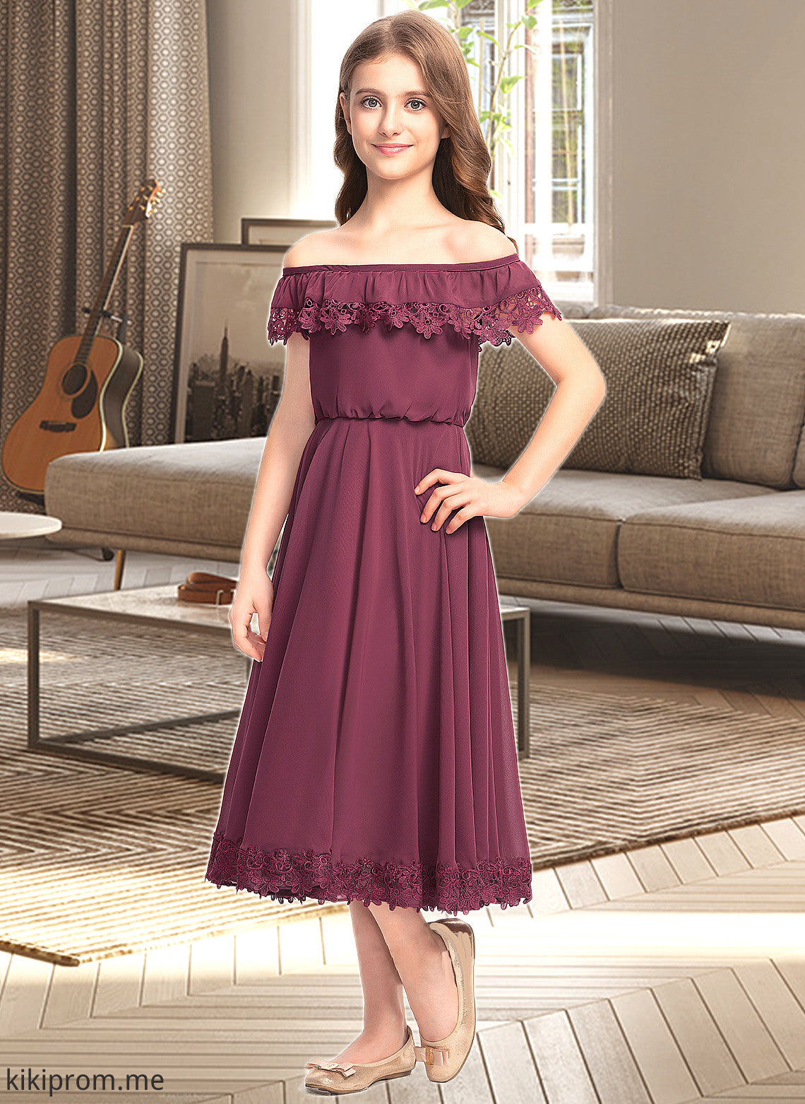 Yoselin A-Line Off-the-Shoulder Tea-Length Chiffon Lace Junior Bridesmaid Dress STFP0013505