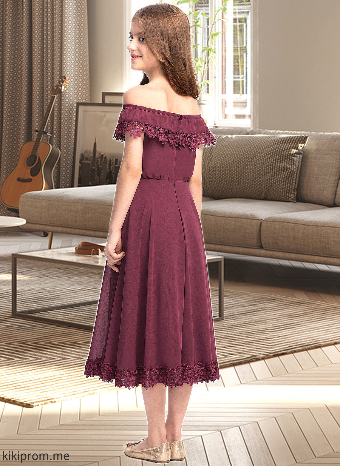 Yoselin A-Line Off-the-Shoulder Tea-Length Chiffon Lace Junior Bridesmaid Dress STFP0013505