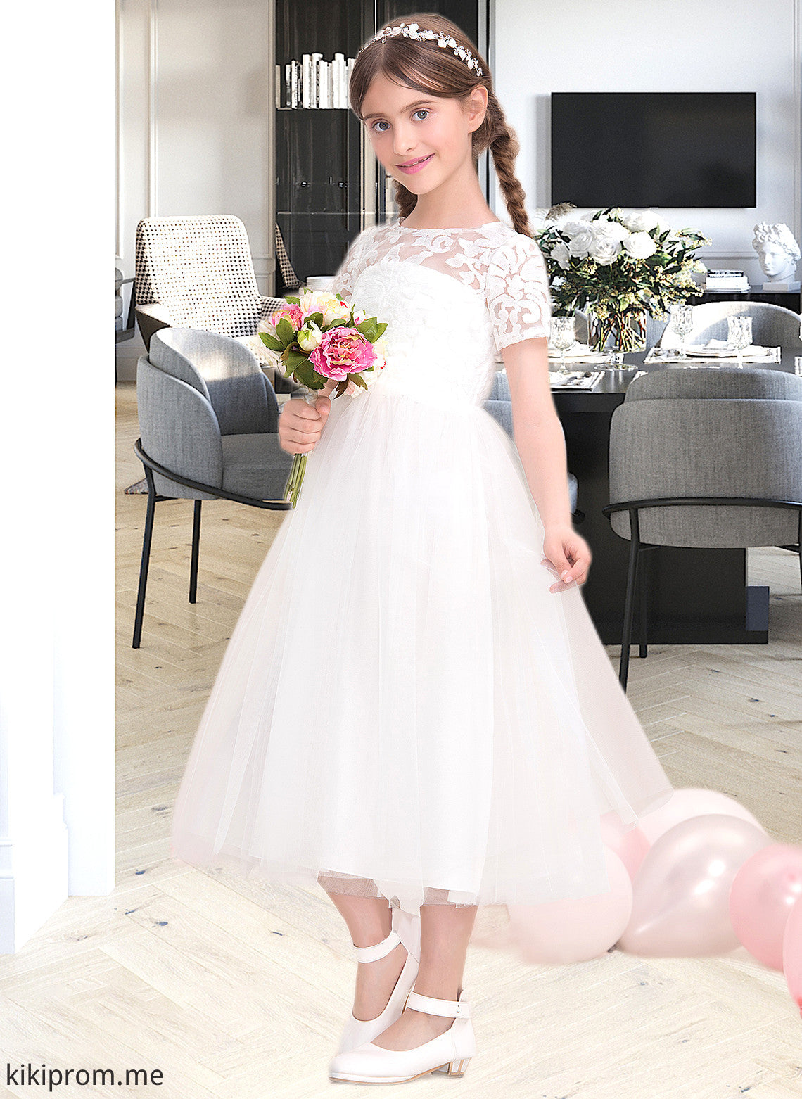 Zariah A-Line Scoop Neck Tea-Length Tulle Junior Bridesmaid Dress STFP0013535