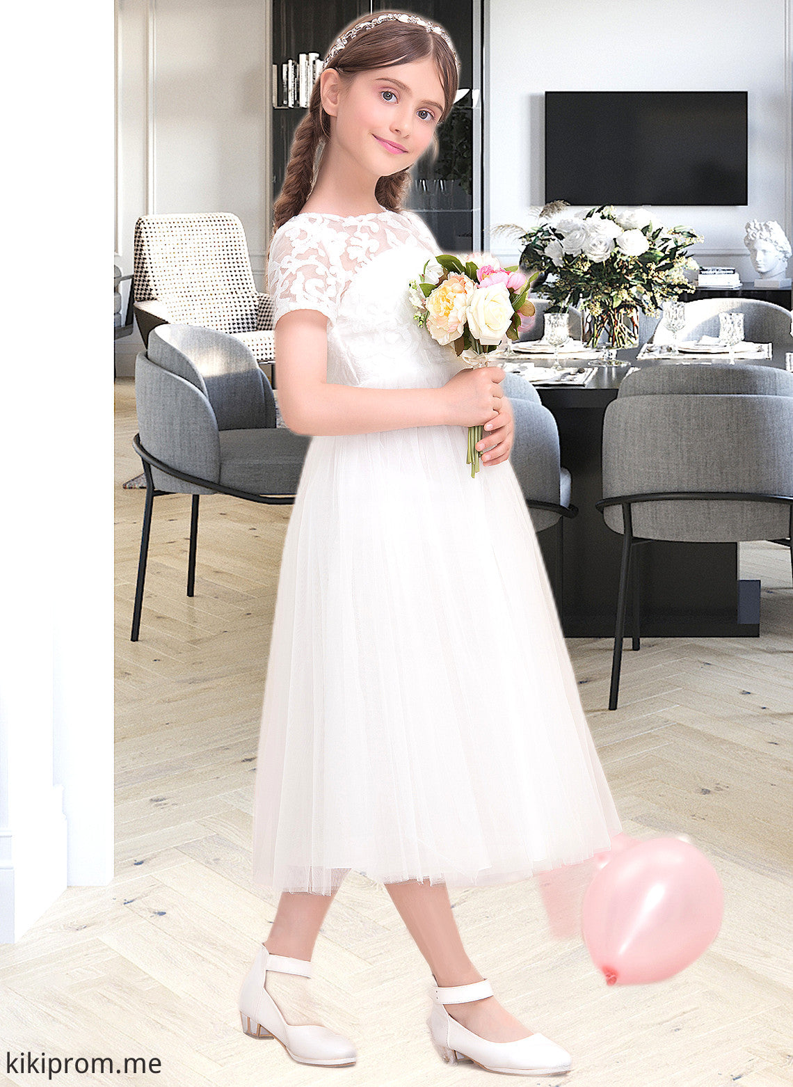 Zariah A-Line Scoop Neck Tea-Length Tulle Junior Bridesmaid Dress STFP0013535