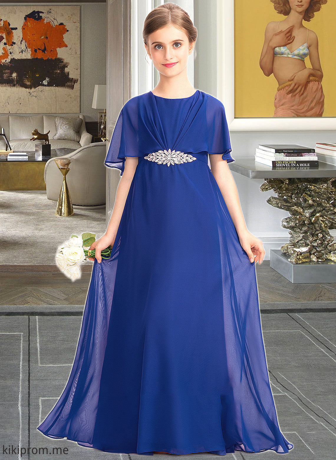 Willow A-Line Scoop Neck Floor-Length Chiffon Junior Bridesmaid Dress With Ruffle Beading STFP0013560