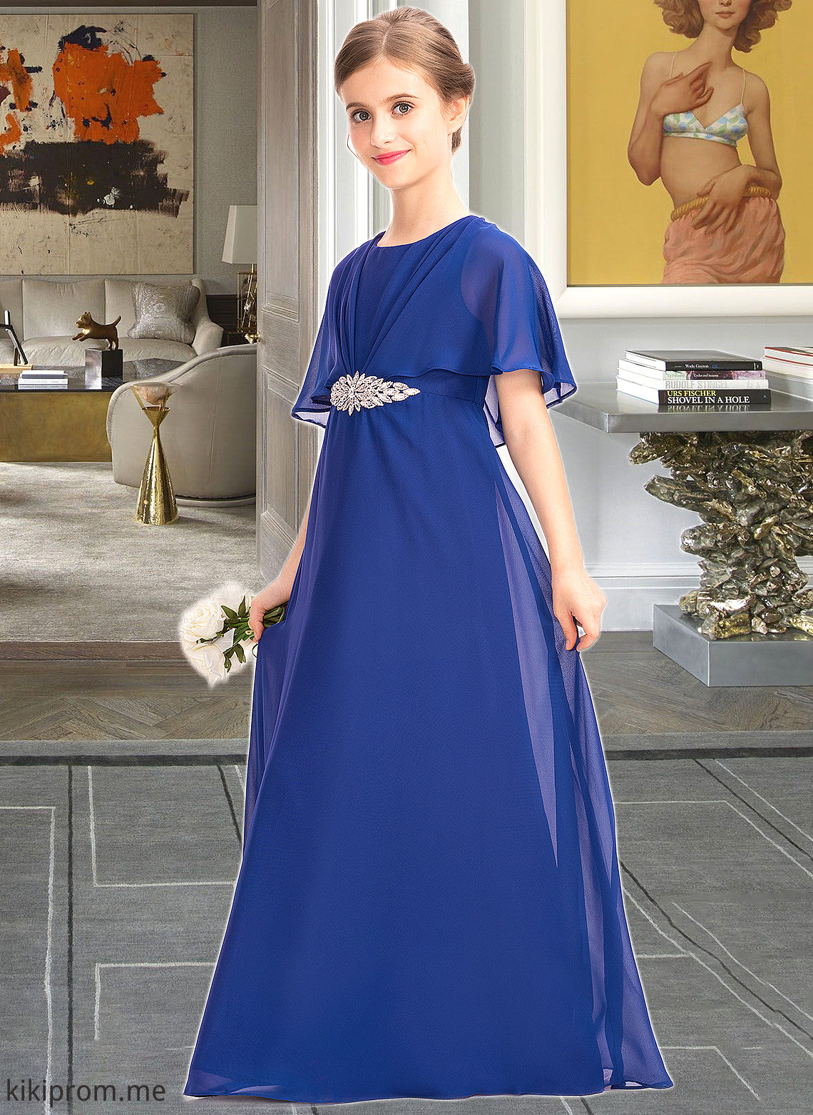 Willow A-Line Scoop Neck Floor-Length Chiffon Junior Bridesmaid Dress With Ruffle Beading STFP0013560