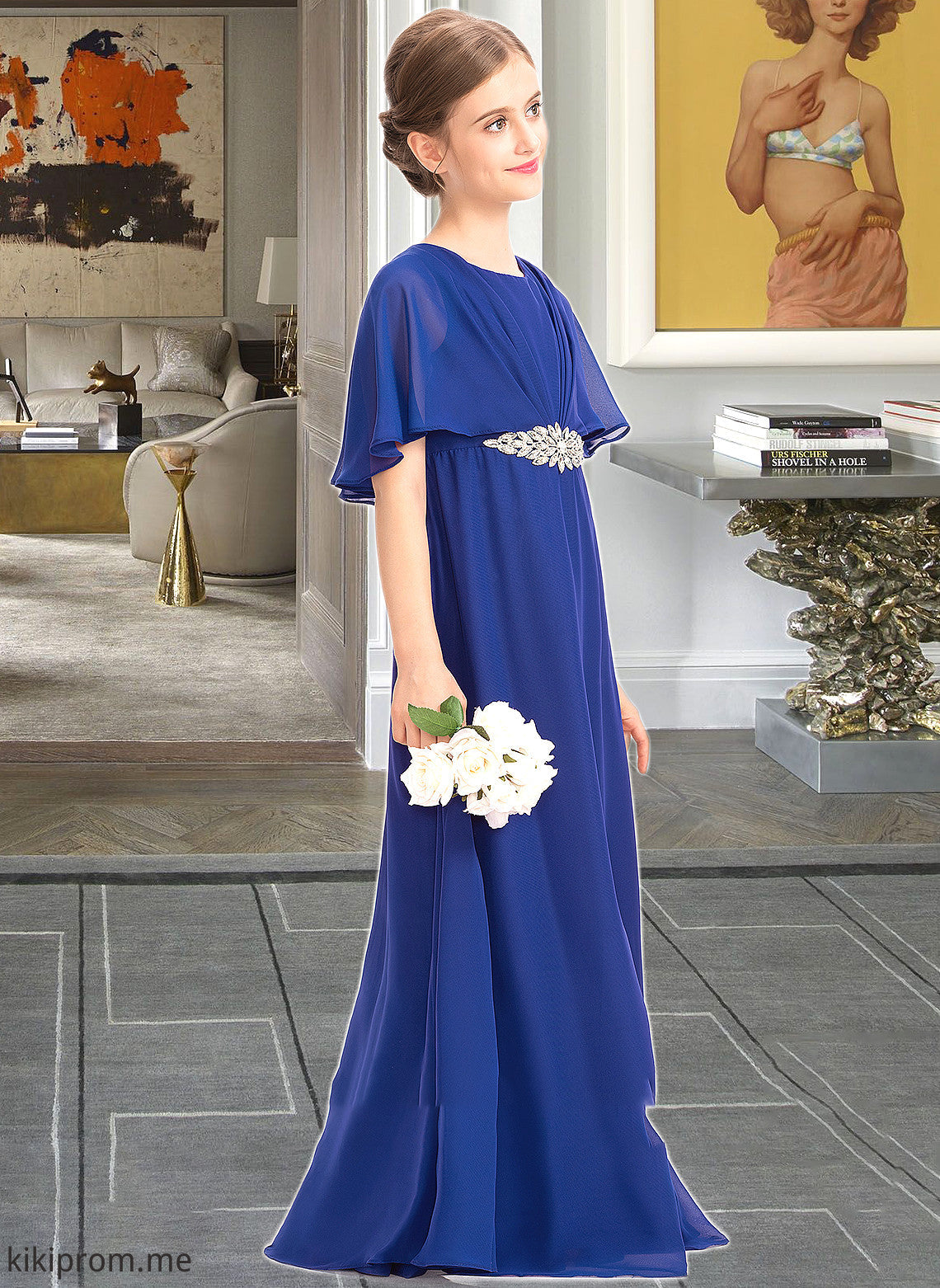 Willow A-Line Scoop Neck Floor-Length Chiffon Junior Bridesmaid Dress With Ruffle Beading STFP0013560