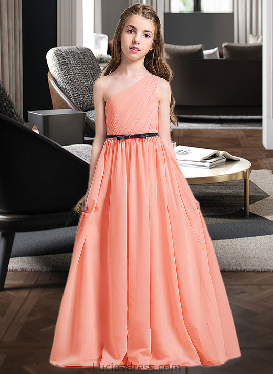 Zaria A-Line One-Shoulder Floor-Length Chiffon Junior Bridesmaid Dress With Ruffle Bow(s) HFP0013570