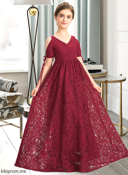 Yvonne A-Line V-neck Floor-Length Lace Junior Bridesmaid Dress With Ruffle Bow(s) STFP0013581