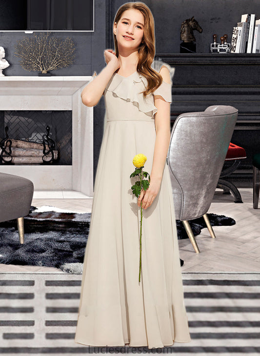 Yareli A-Line V-neck Floor-Length Chiffon Junior Bridesmaid Dress With Cascading Ruffles HFP0013603