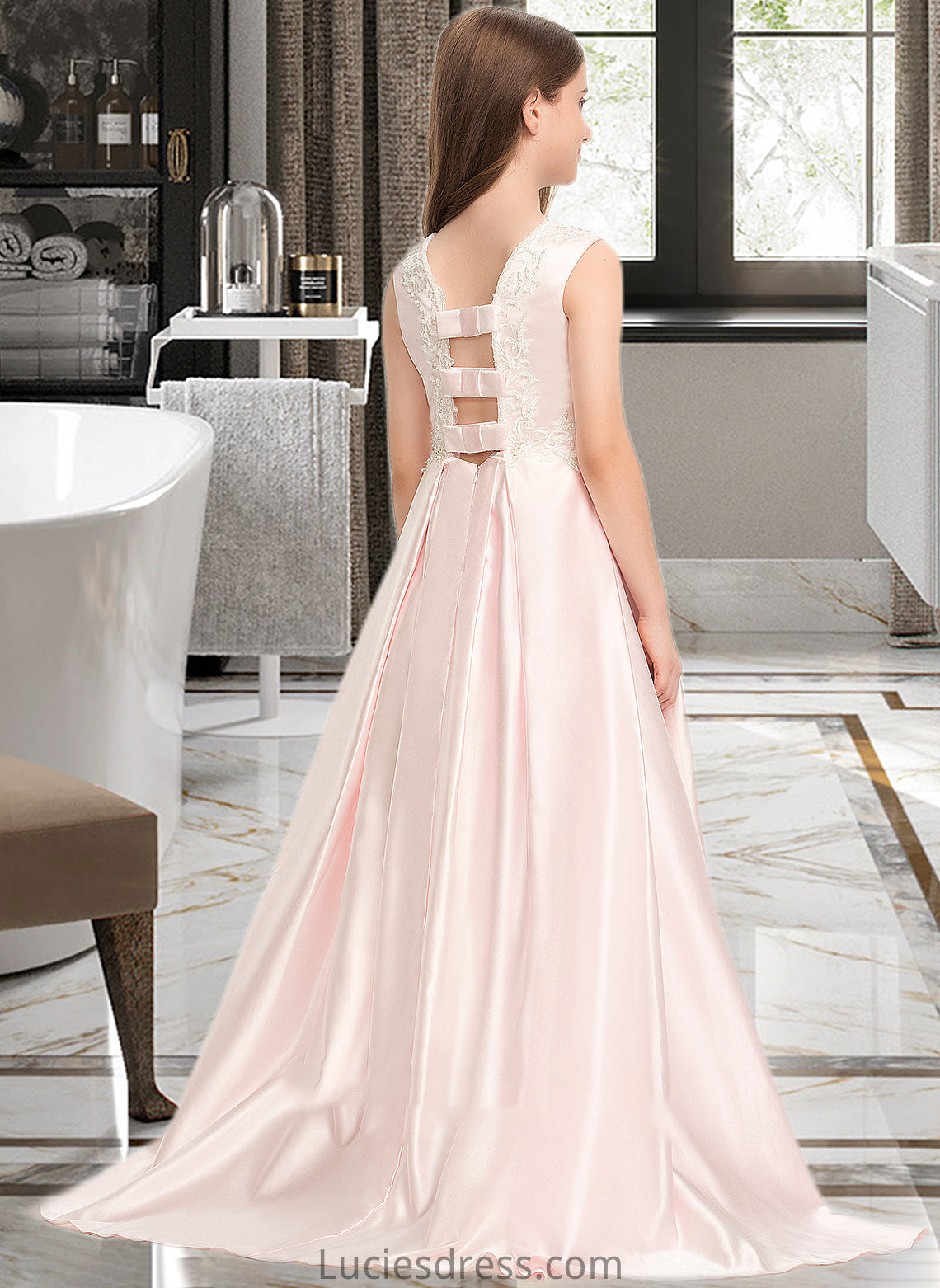 Willa A-Line Scoop Neck Sweep Train Satin Lace Junior Bridesmaid Dress With Bow(s) Pockets HFP0013609