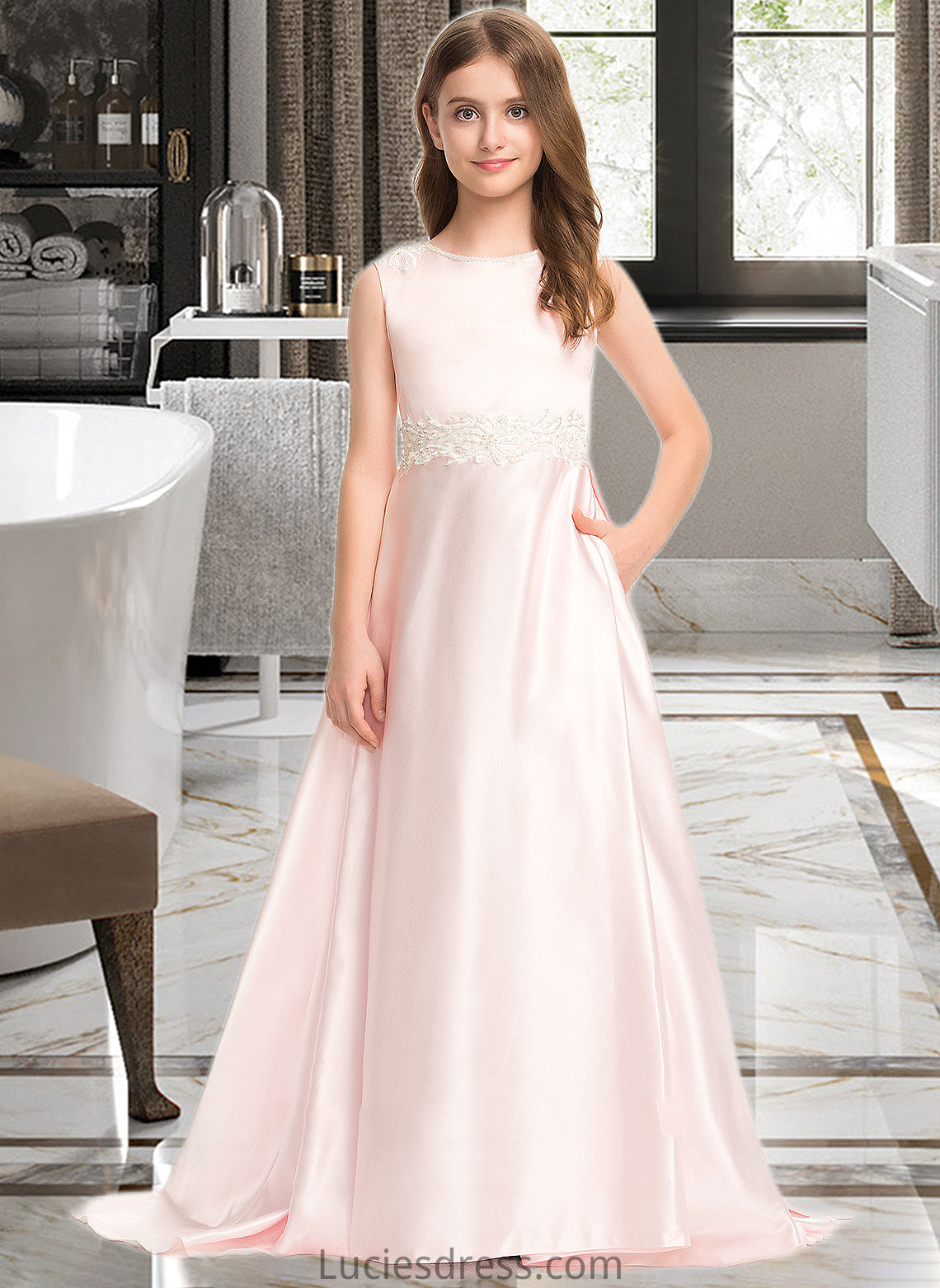 Willa A-Line Scoop Neck Sweep Train Satin Lace Junior Bridesmaid Dress With Bow(s) Pockets HFP0013609