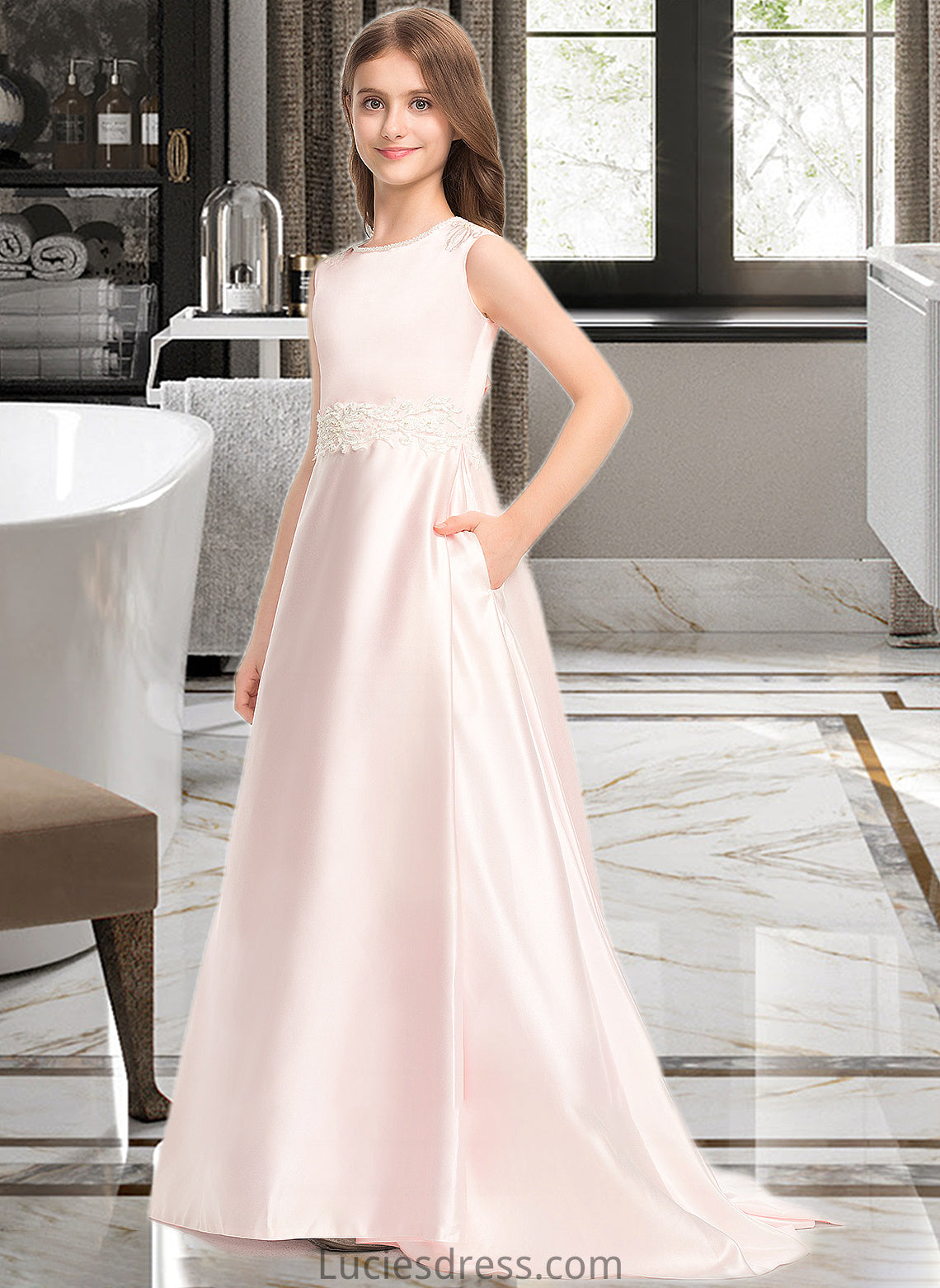 Willa A-Line Scoop Neck Sweep Train Satin Lace Junior Bridesmaid Dress With Bow(s) Pockets HFP0013609