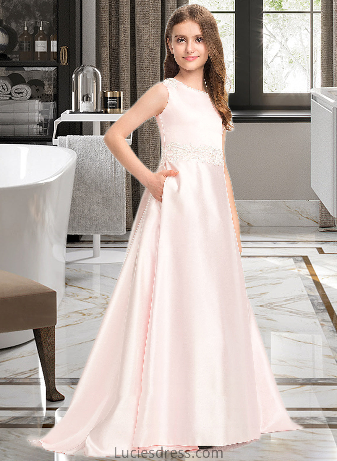 Willa A-Line Scoop Neck Sweep Train Satin Lace Junior Bridesmaid Dress With Bow(s) Pockets HFP0013609