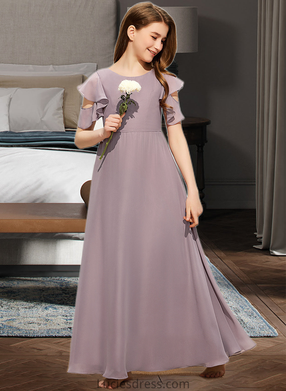 Yesenia A-Line Scoop Neck Floor-Length Chiffon Junior Bridesmaid Dress With Cascading Ruffles HFP0013649