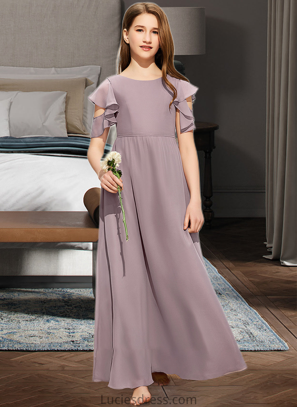 Yesenia A-Line Scoop Neck Floor-Length Chiffon Junior Bridesmaid Dress With Cascading Ruffles HFP0013649