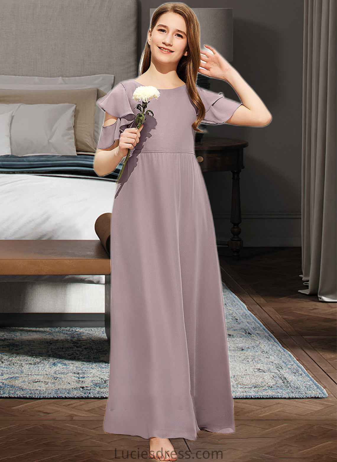 Yesenia A-Line Scoop Neck Floor-Length Chiffon Junior Bridesmaid Dress With Cascading Ruffles HFP0013649