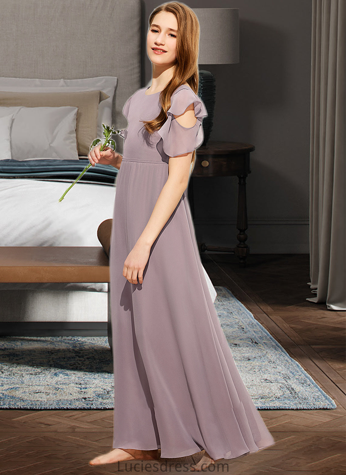 Yesenia A-Line Scoop Neck Floor-Length Chiffon Junior Bridesmaid Dress With Cascading Ruffles HFP0013649