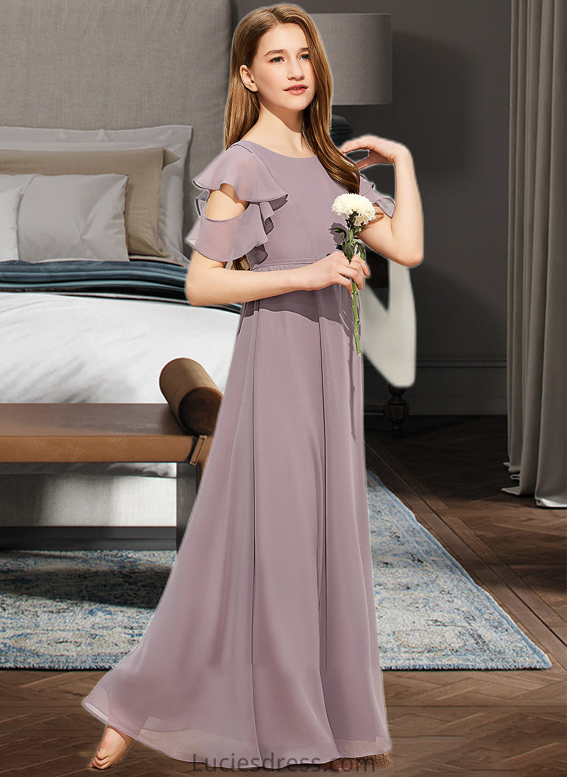 Yesenia A-Line Scoop Neck Floor-Length Chiffon Junior Bridesmaid Dress With Cascading Ruffles HFP0013649