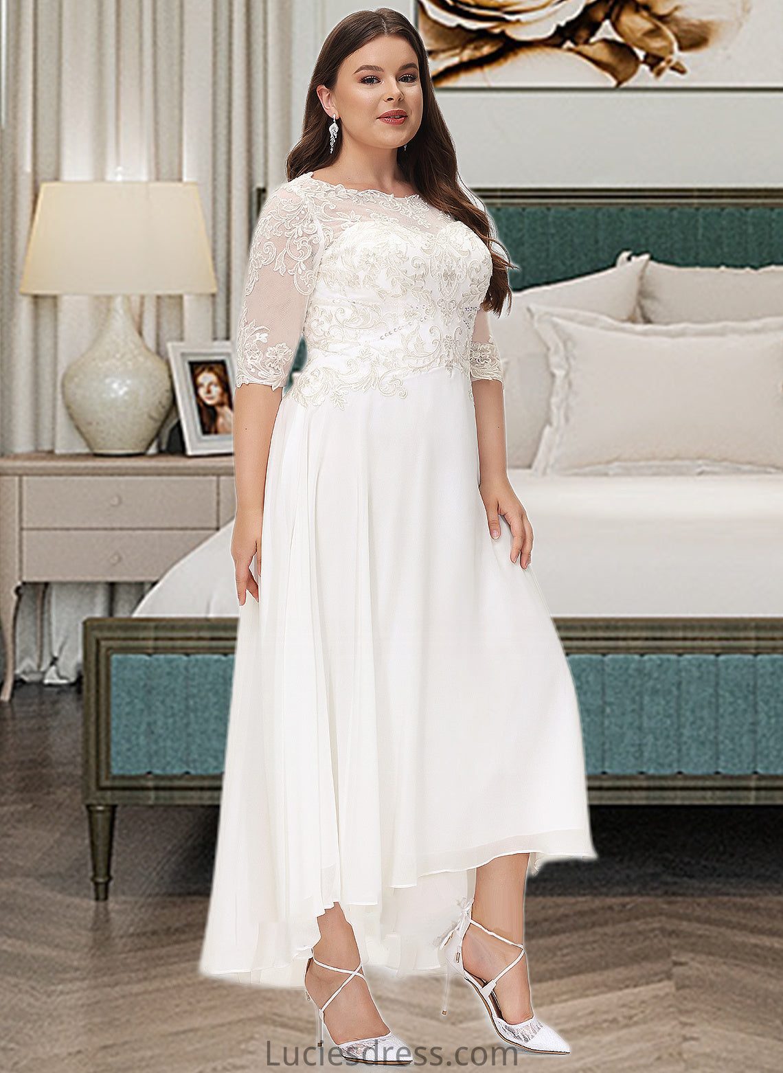 Xiomara A-Line Scoop Neck Asymmetrical Chiffon Wedding Dress With Beading Sequins HFP0013686