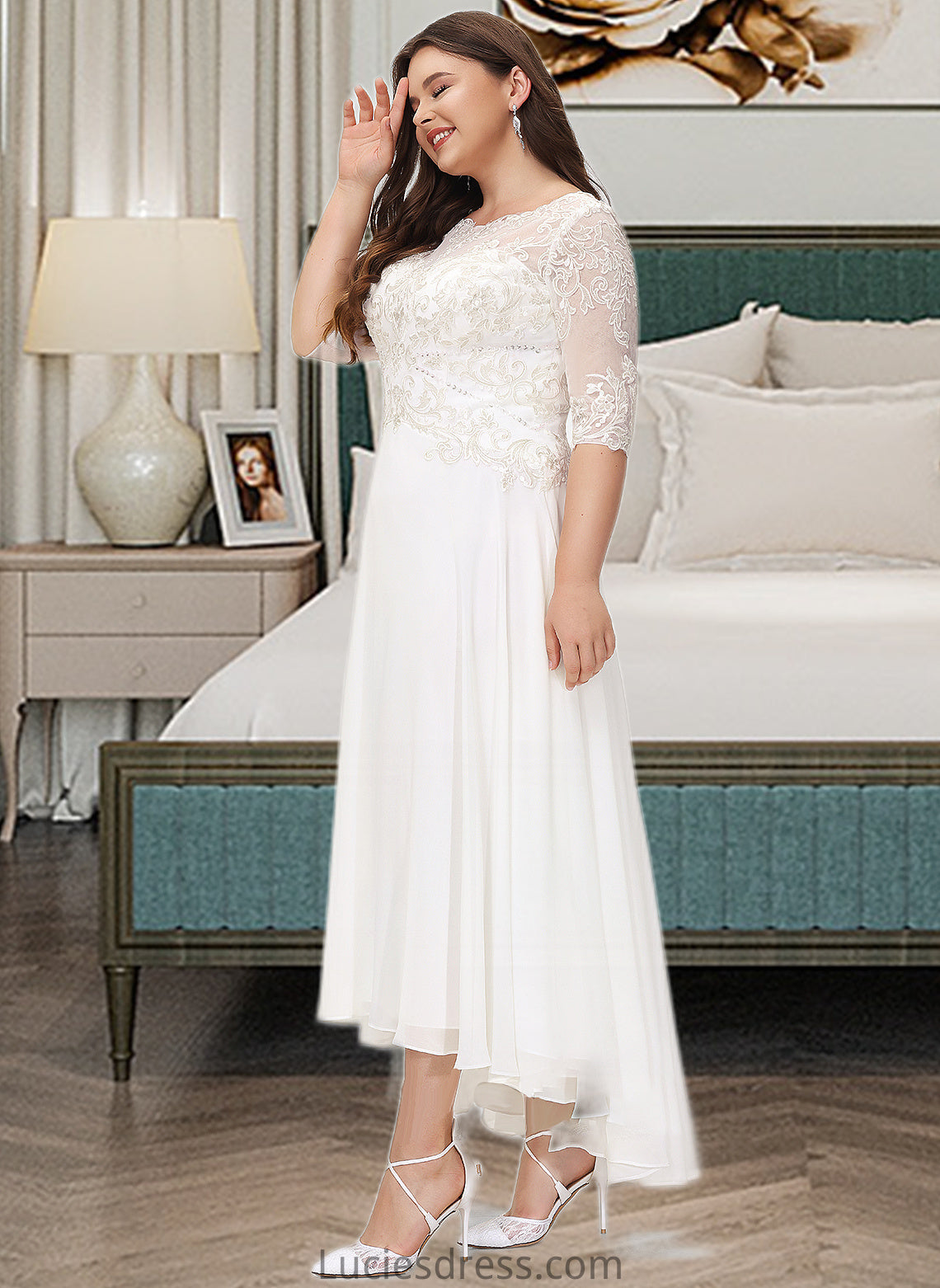 Xiomara A-Line Scoop Neck Asymmetrical Chiffon Wedding Dress With Beading Sequins HFP0013686