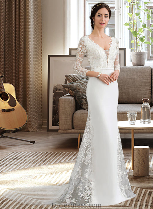 Zoey Trumpet/Mermaid V-neck Chapel Train Chiffon Wedding Dress With Beading Sequins HFP0013795