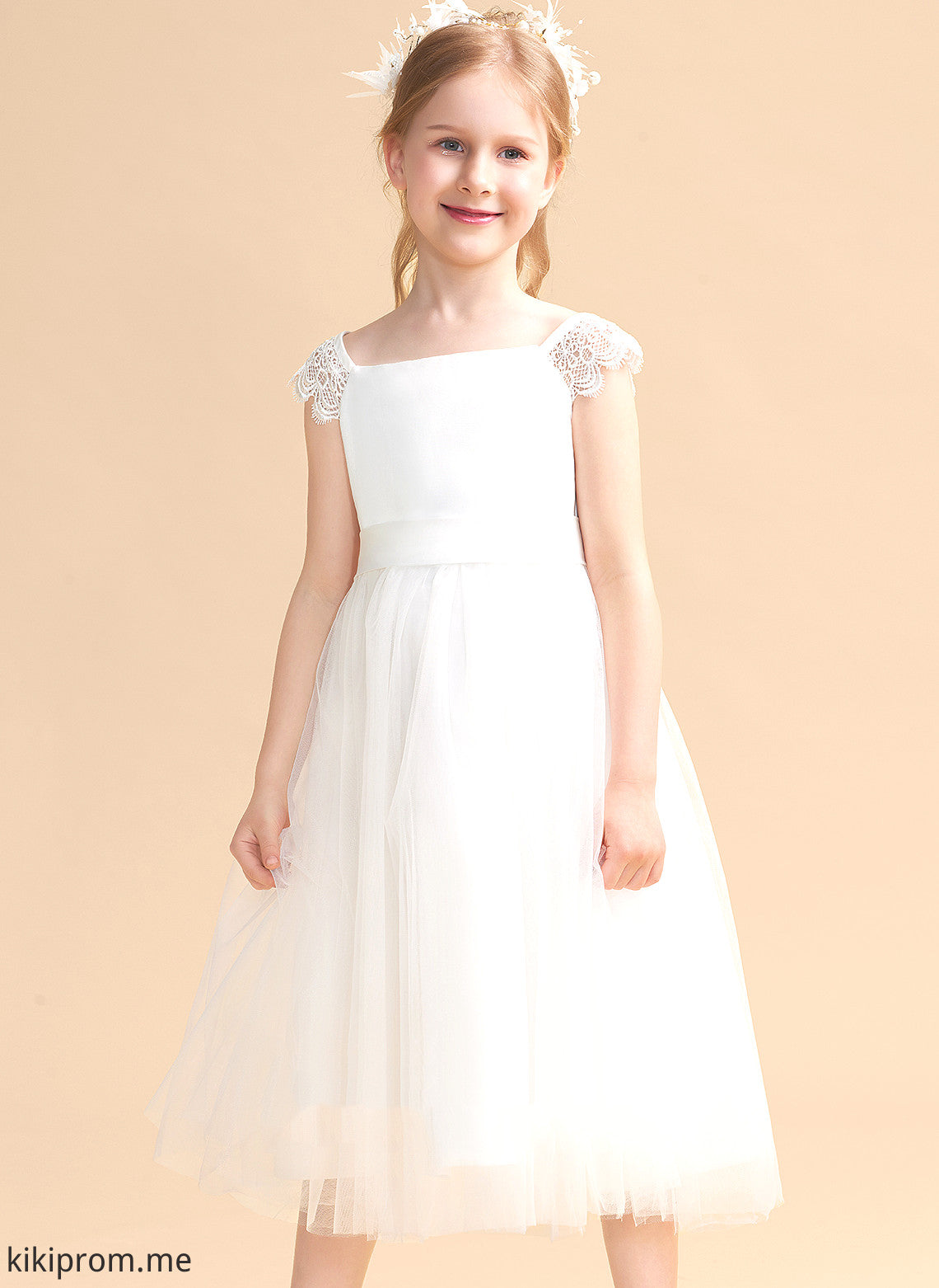 Tea-length Neckline Sleeveless Dress Flower Girl Mariah Flower Girl Dresses Square Lace/Sash - A-Line With Satin/Tulle