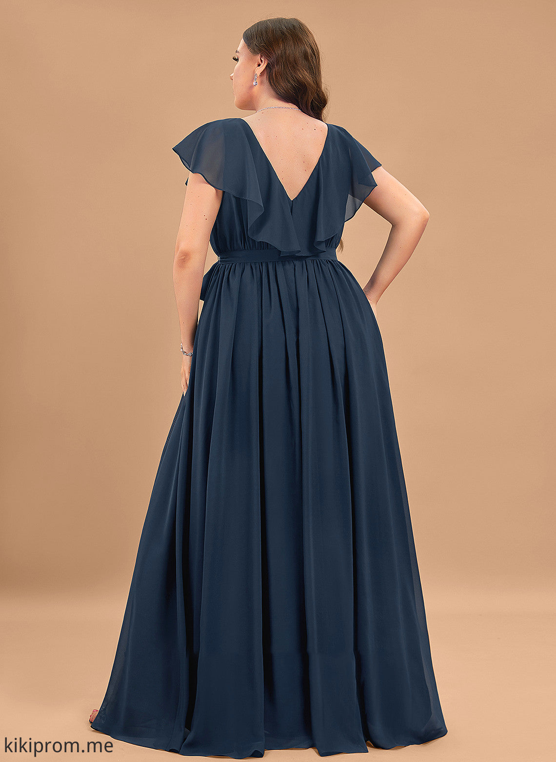 V-neck Chiffon With Split Bow(s) Floor-Length A-Line Prom Dresses Cascading Ruffles Front Sienna