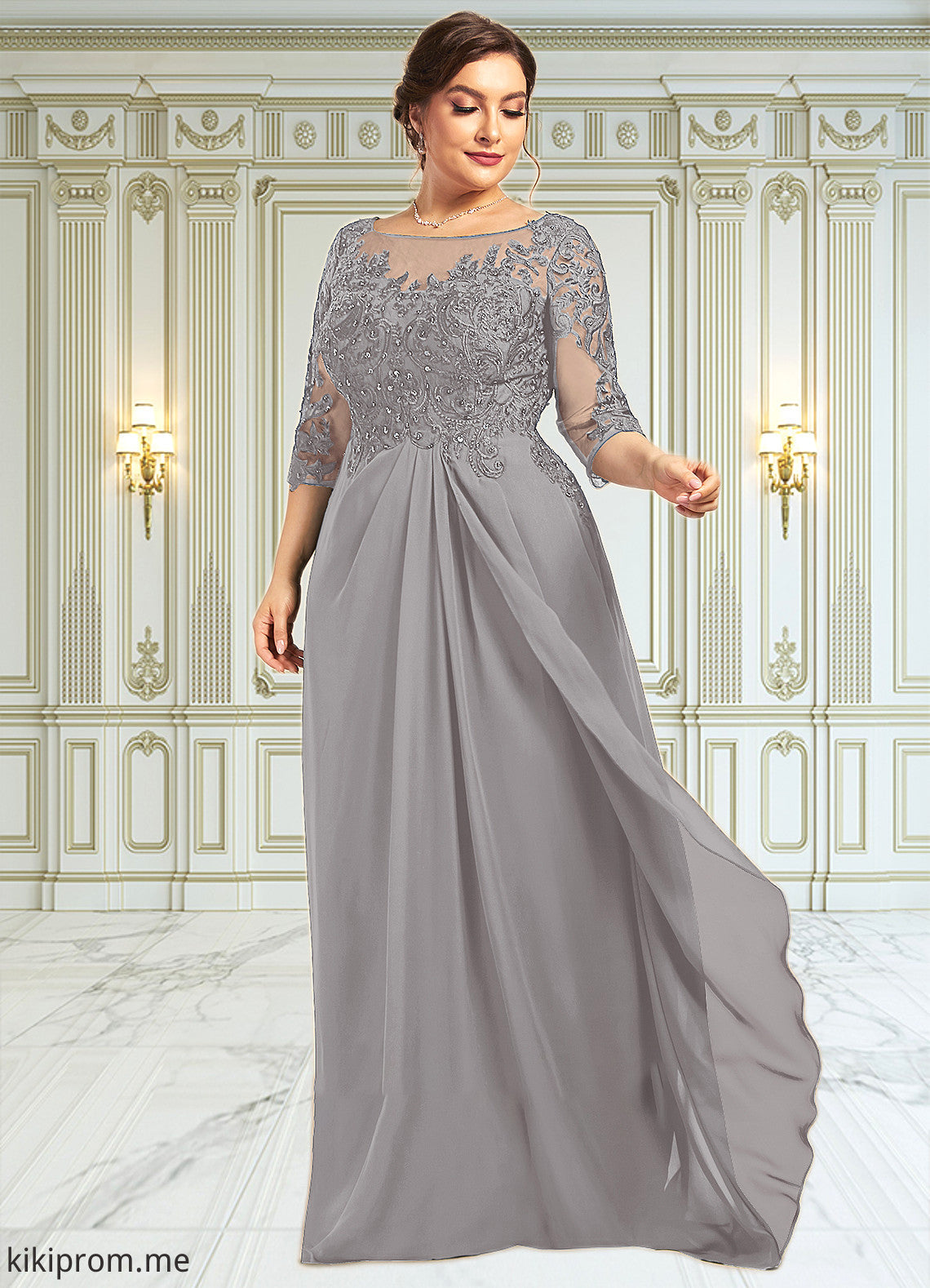 Guadalupe A-Line Scoop Neck Floor-Length Chiffon Lace Mother of the Bride Dress With Beading Sequins Cascading Ruffles STF126P0014529