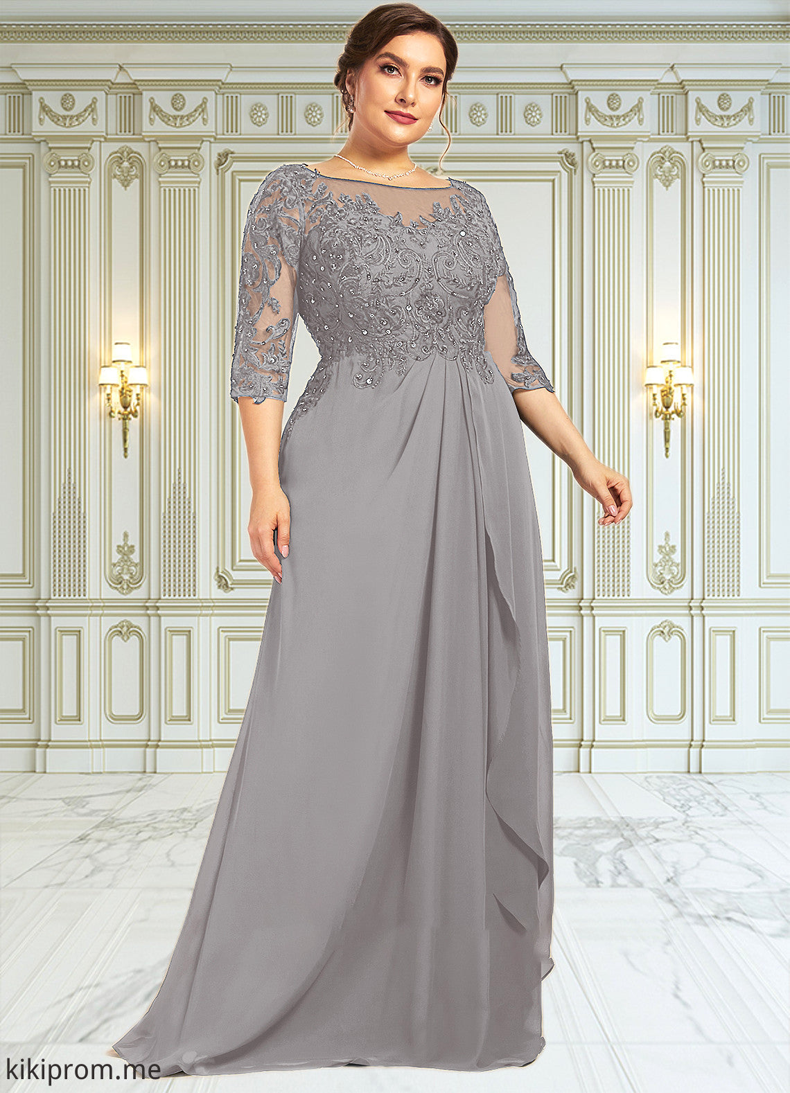 Guadalupe A-Line Scoop Neck Floor-Length Chiffon Lace Mother of the Bride Dress With Beading Sequins Cascading Ruffles STF126P0014529