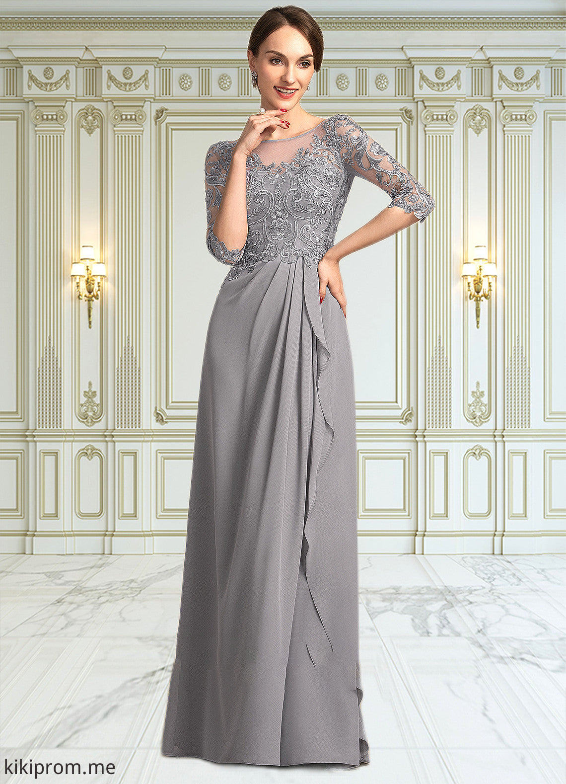 Guadalupe A-Line Scoop Neck Floor-Length Chiffon Lace Mother of the Bride Dress With Beading Sequins Cascading Ruffles STF126P0014529