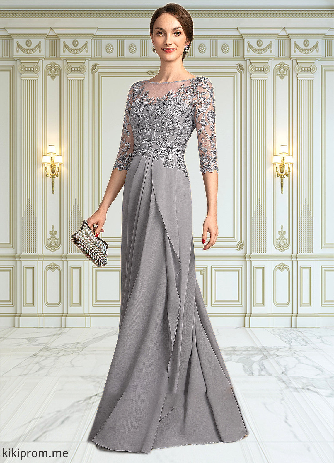 Guadalupe A-Line Scoop Neck Floor-Length Chiffon Lace Mother of the Bride Dress With Beading Sequins Cascading Ruffles STF126P0014529