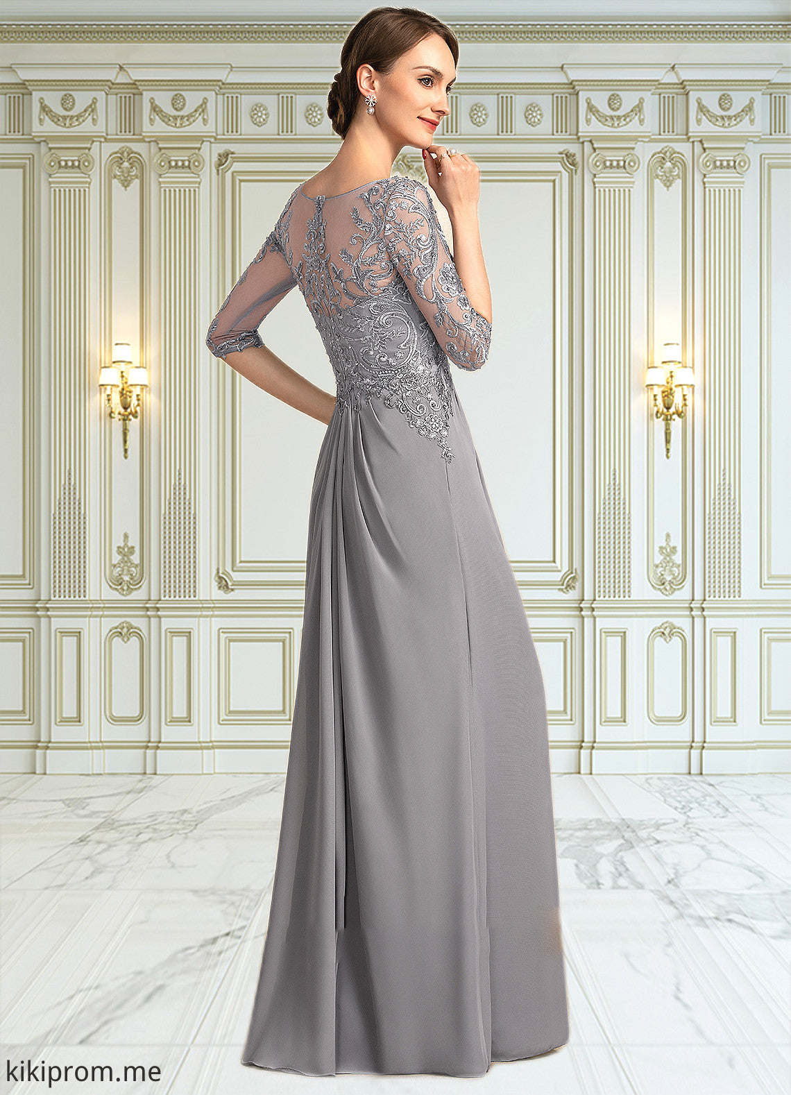 Guadalupe A-Line Scoop Neck Floor-Length Chiffon Lace Mother of the Bride Dress With Beading Sequins Cascading Ruffles STF126P0014529