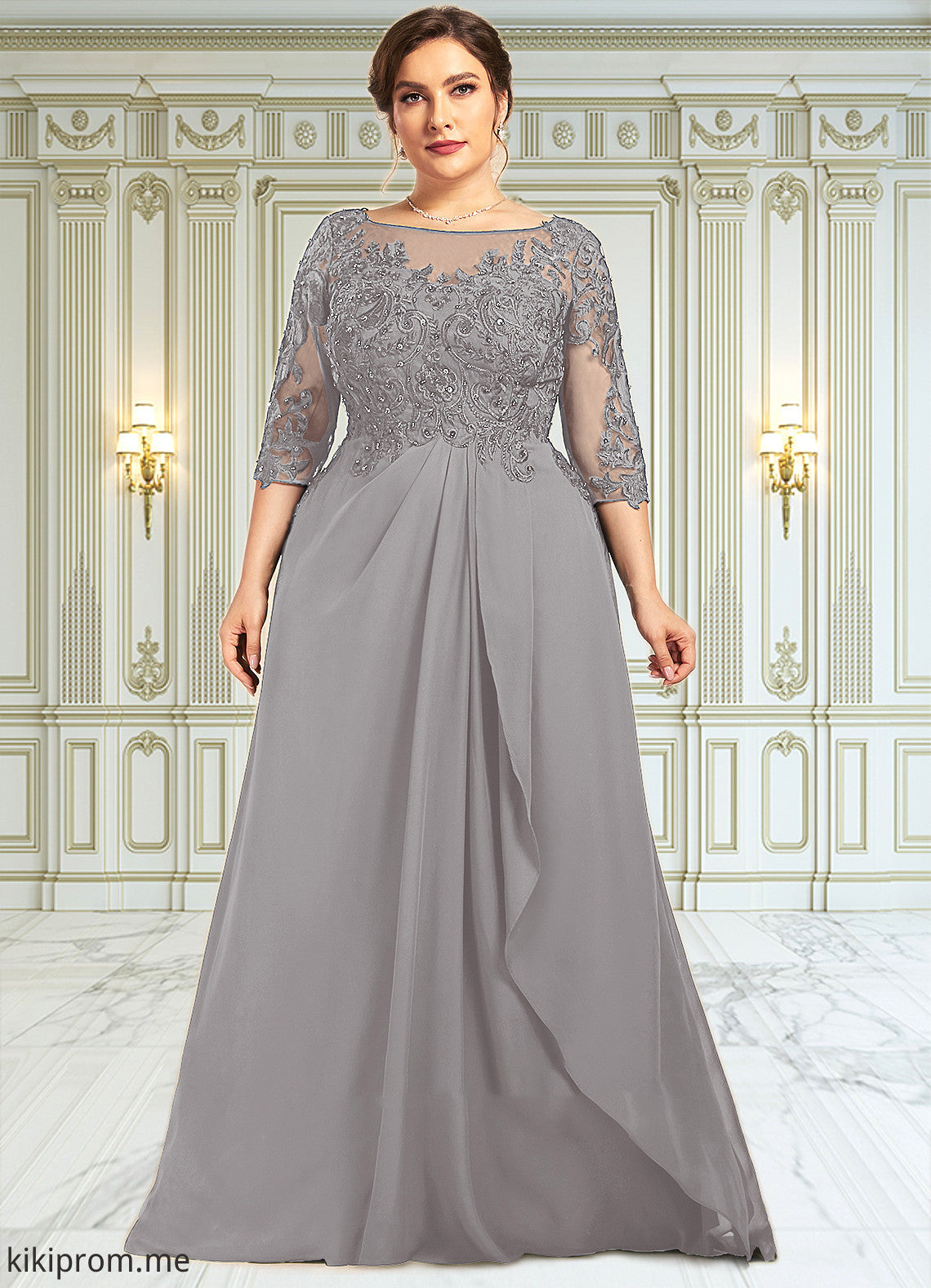 Guadalupe A-Line Scoop Neck Floor-Length Chiffon Lace Mother of the Bride Dress With Beading Sequins Cascading Ruffles STF126P0014529