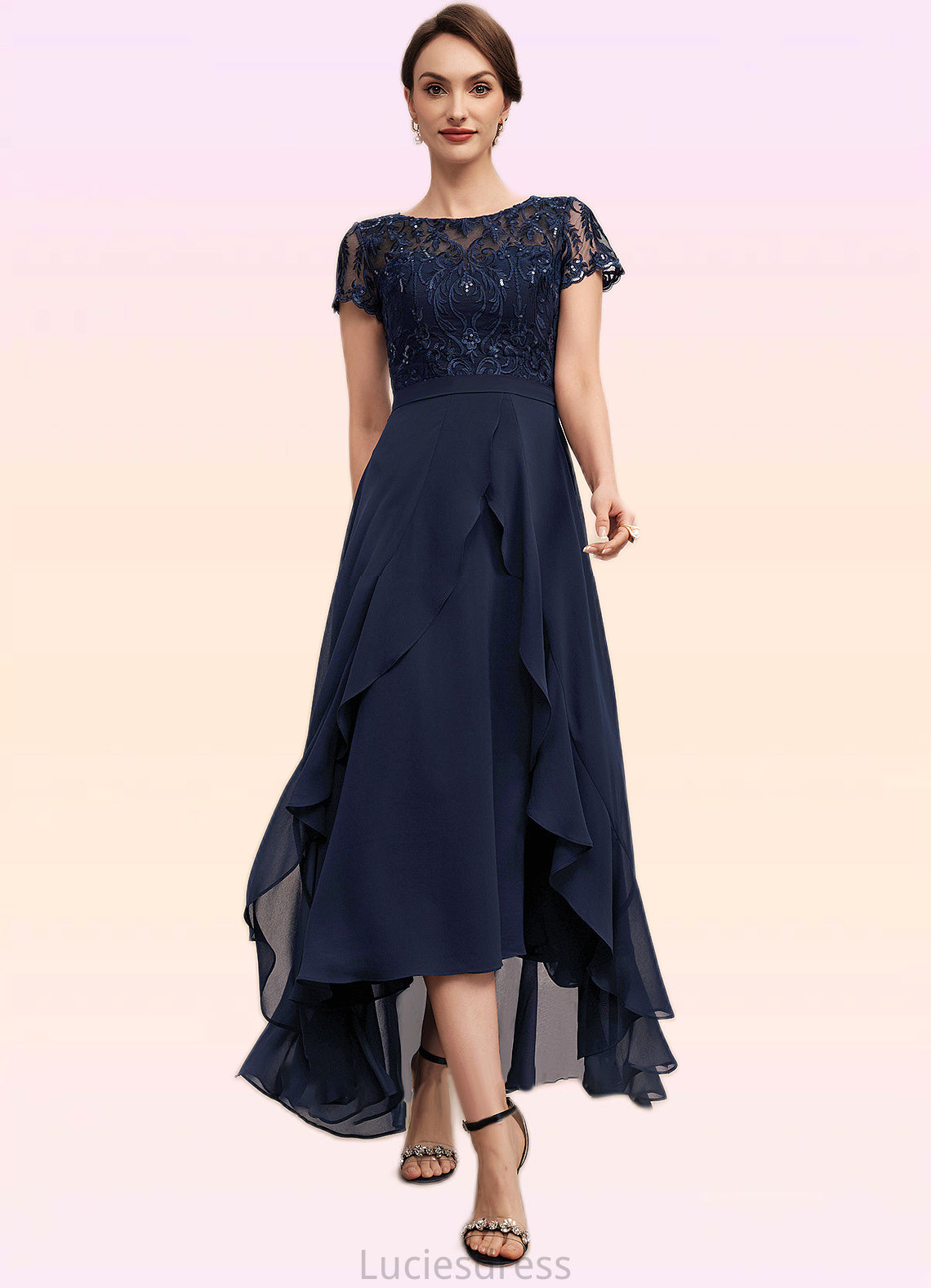 Brooklyn A-Line Scoop Neck Asymmetrical Chiffon Lace Mother of the Bride Dress With Sequins Bow(s) Cascading Ruffles HF126P0014530