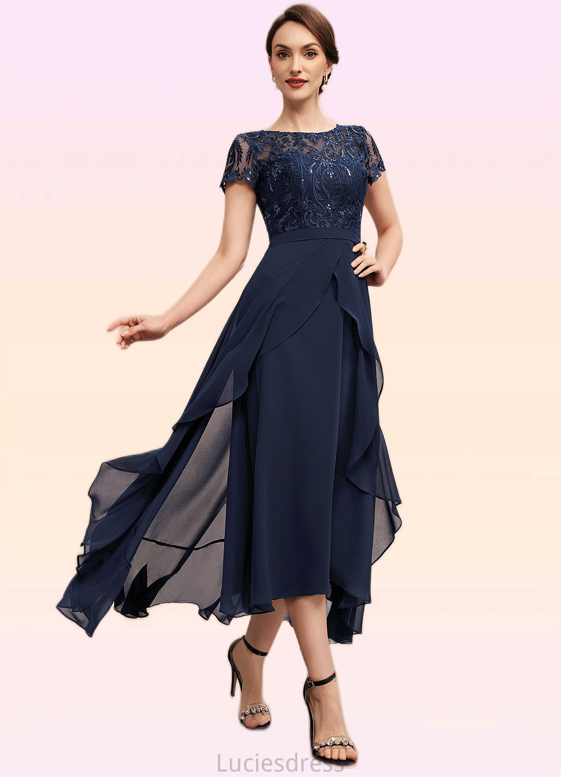 Brooklyn A-Line Scoop Neck Asymmetrical Chiffon Lace Mother of the Bride Dress With Sequins Bow(s) Cascading Ruffles HF126P0014530