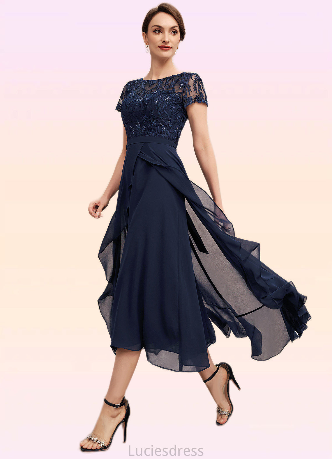 Brooklyn A-Line Scoop Neck Asymmetrical Chiffon Lace Mother of the Bride Dress With Sequins Bow(s) Cascading Ruffles HF126P0014530