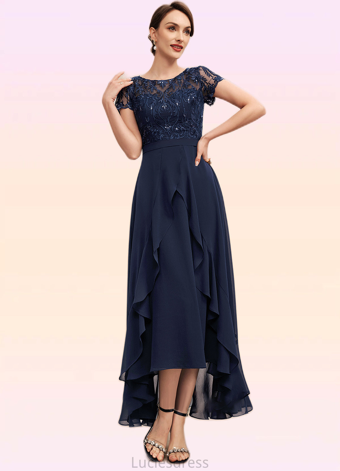 Brooklyn A-Line Scoop Neck Asymmetrical Chiffon Lace Mother of the Bride Dress With Sequins Bow(s) Cascading Ruffles HF126P0014530