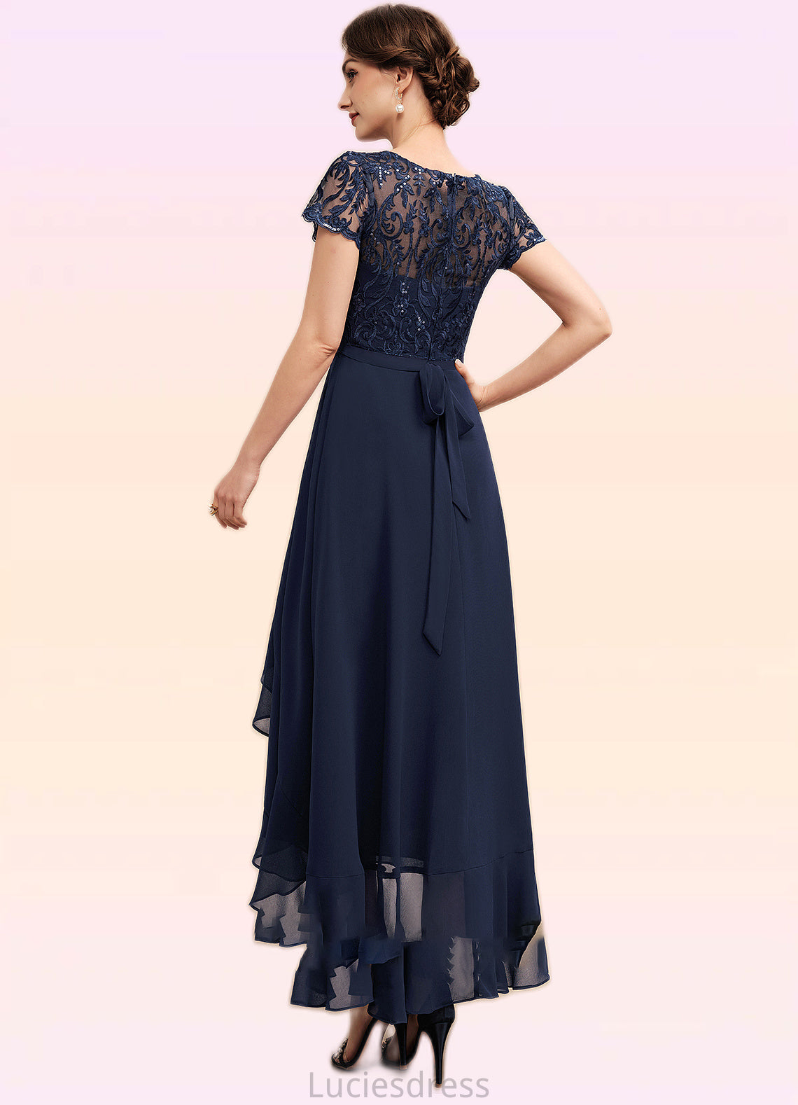 Brooklyn A-Line Scoop Neck Asymmetrical Chiffon Lace Mother of the Bride Dress With Sequins Bow(s) Cascading Ruffles HF126P0014530