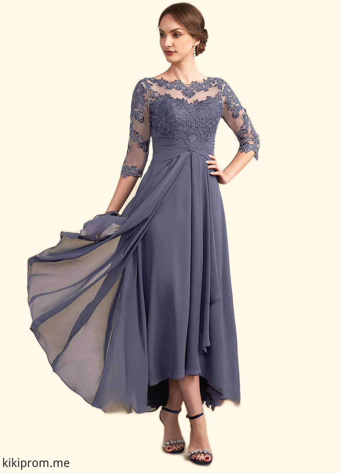 Jaida A-Line Scoop Neck Asymmetrical Chiffon Lace Mother of the Bride Dress With Ruffle STF126P0014531