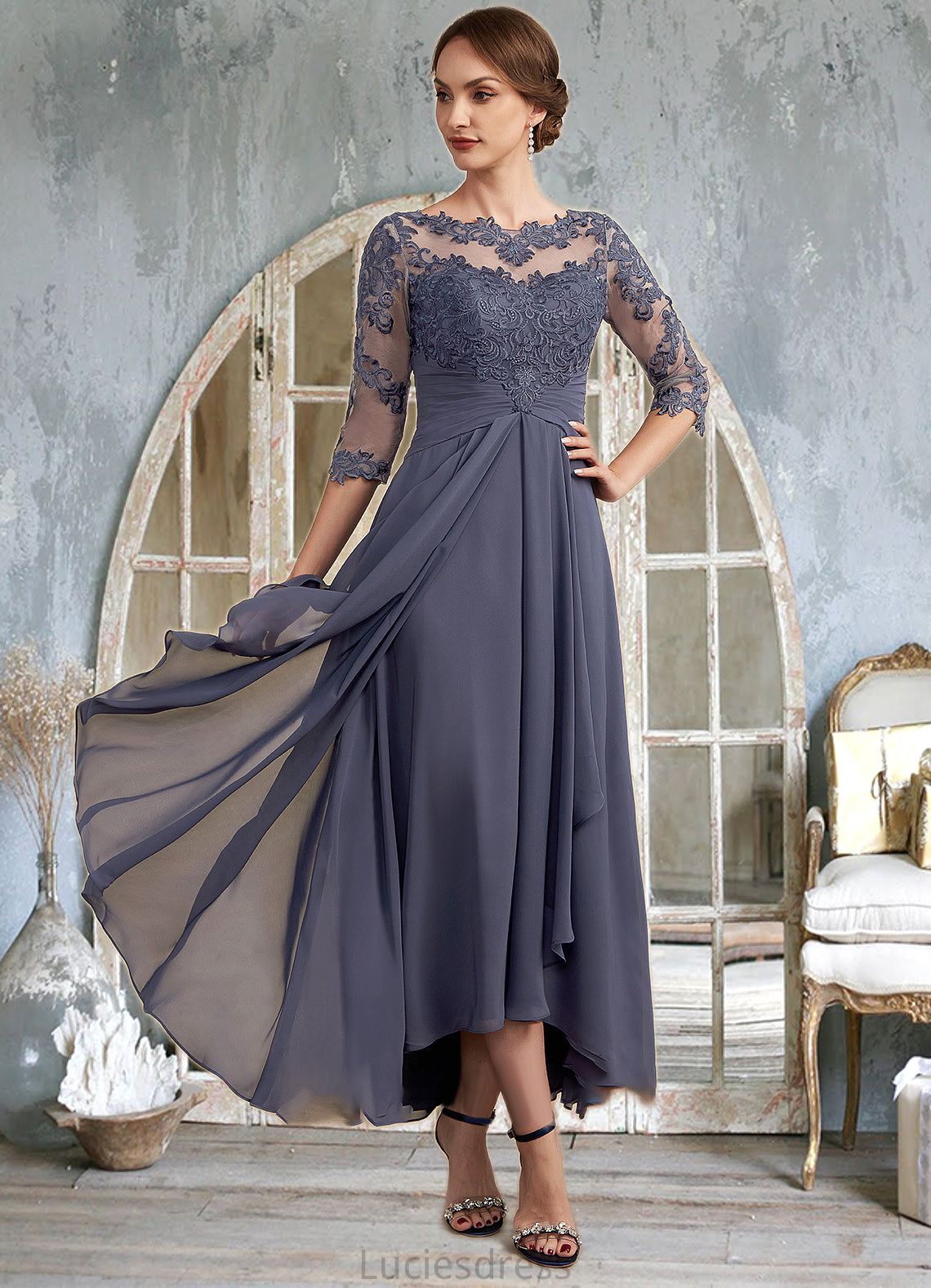 Lily A-Line Scoop Neck Asymmetrical Chiffon Lace Mother of the Bride Dress With Ruffle HF126P0014531