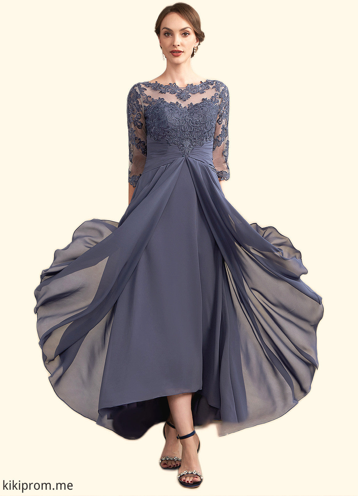 Jaida A-Line Scoop Neck Asymmetrical Chiffon Lace Mother of the Bride Dress With Ruffle STF126P0014531