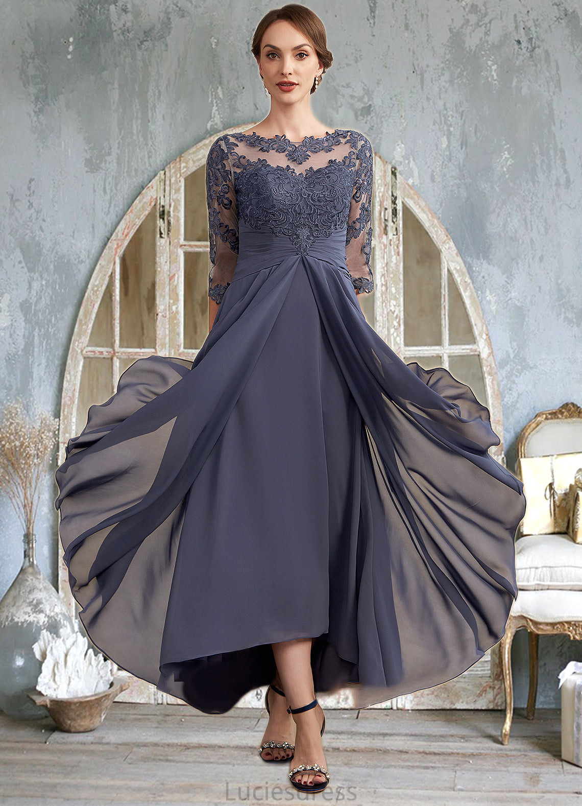 Lily A-Line Scoop Neck Asymmetrical Chiffon Lace Mother of the Bride Dress With Ruffle HF126P0014531