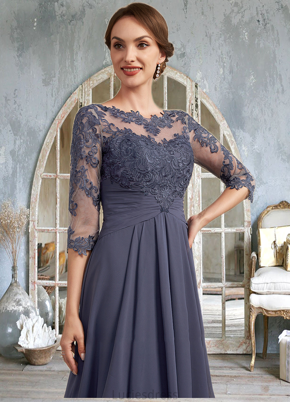 Lily A-Line Scoop Neck Asymmetrical Chiffon Lace Mother of the Bride Dress With Ruffle HF126P0014531