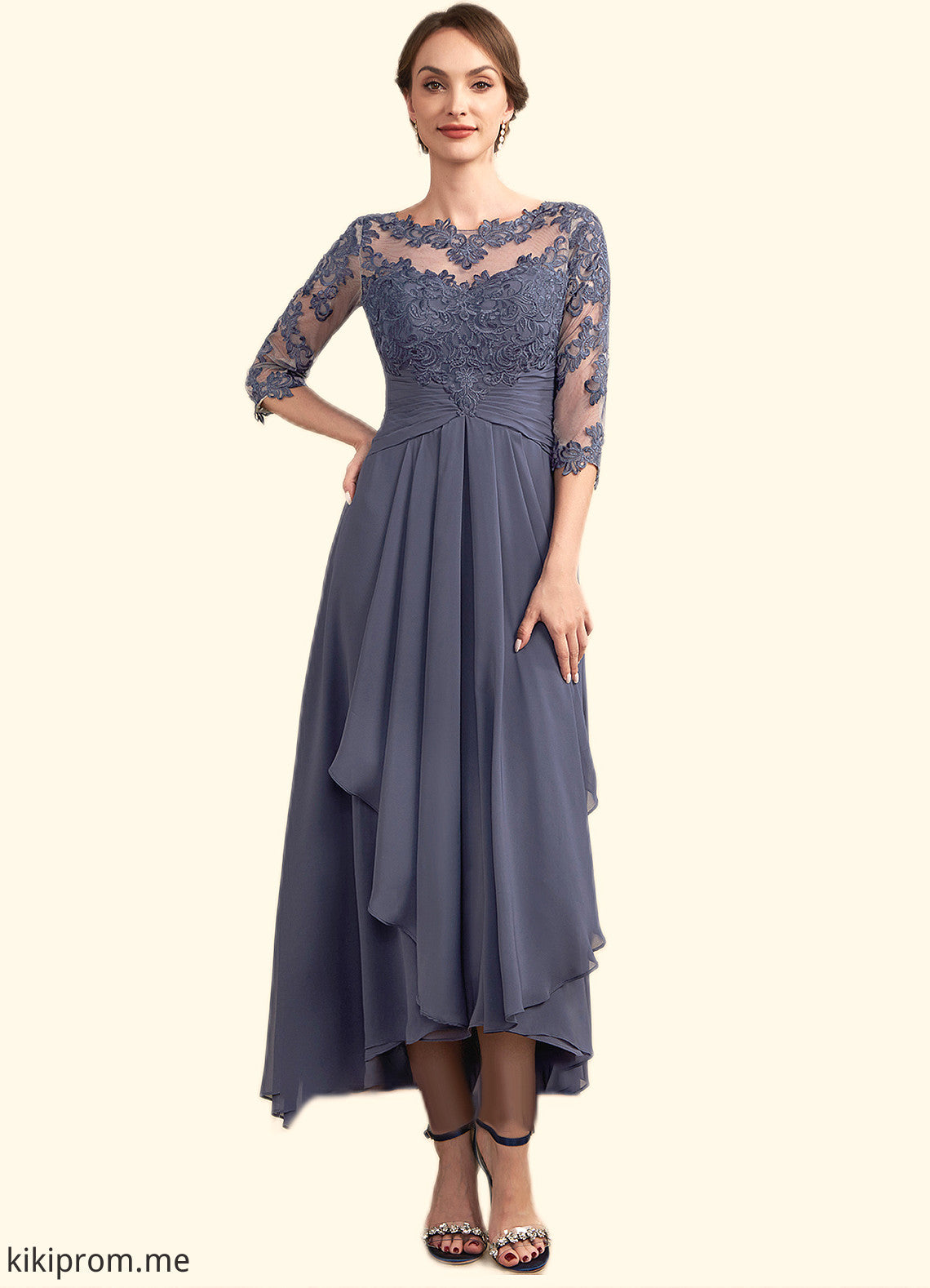 Jaida A-Line Scoop Neck Asymmetrical Chiffon Lace Mother of the Bride Dress With Ruffle STF126P0014531